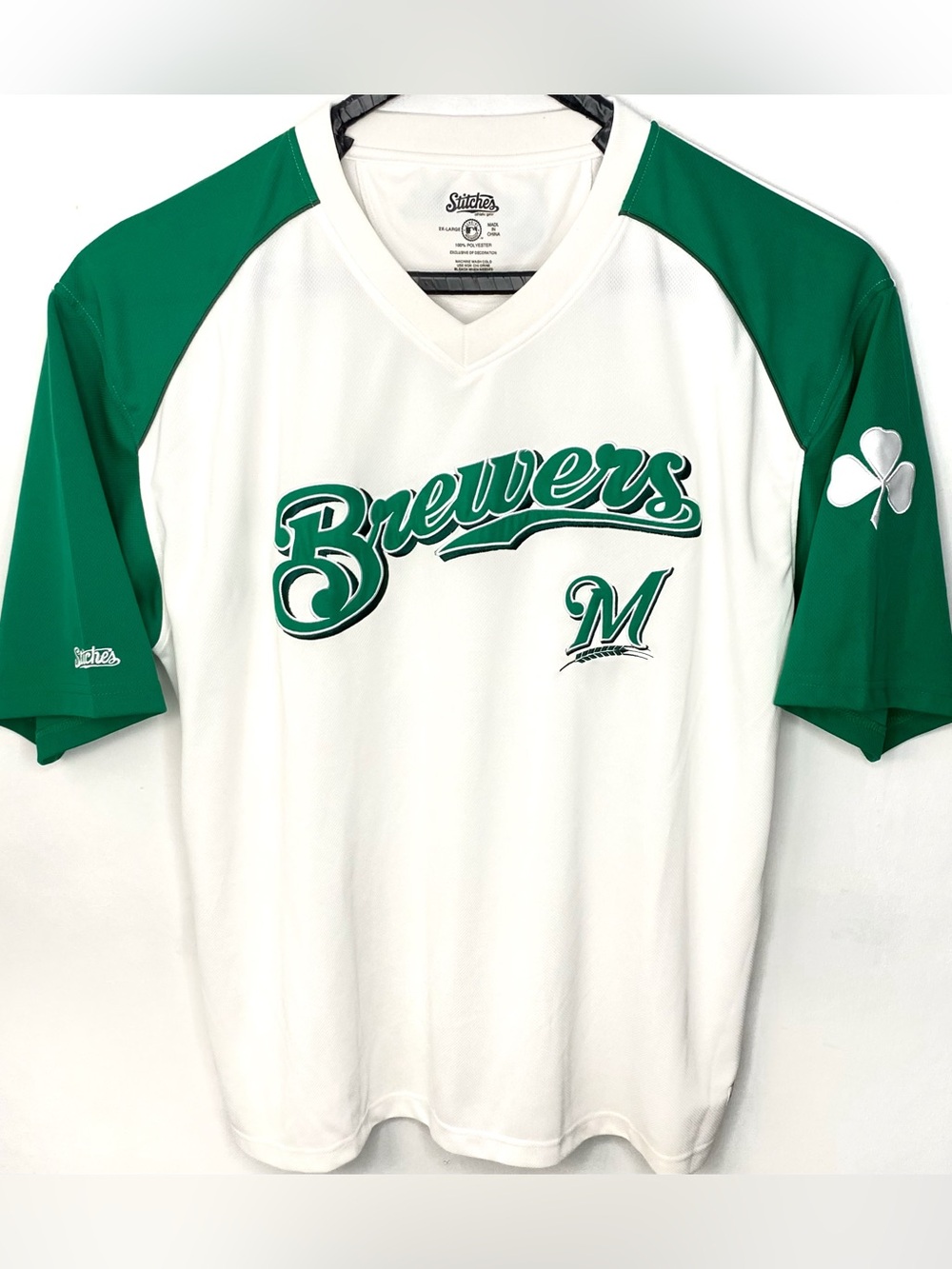 Milwaukee Brewers MLB St. Patrick's Day White Green Stitches Baseball Jersey 2XL